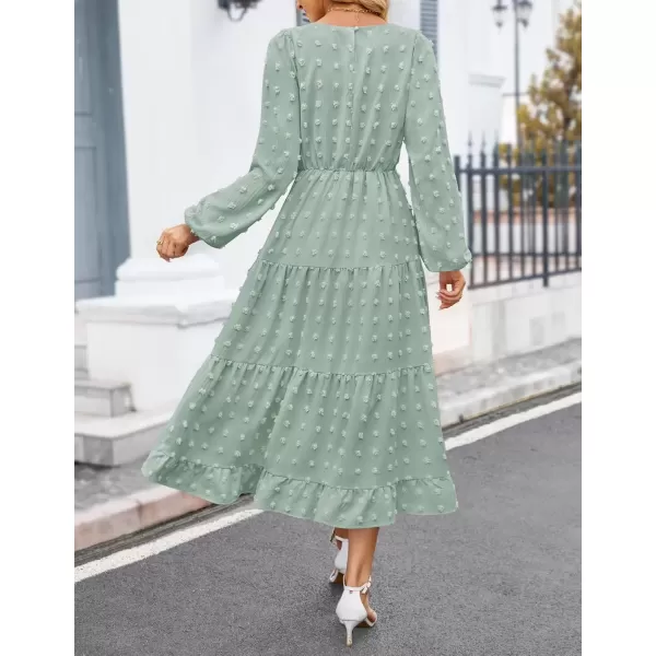 imageZESICA Womens Fall Long Sleeve Maxi Dresses 2024 Casual Crew Neck Swiss Dot Tiered Flowy A Line Wedding Guest DressSage