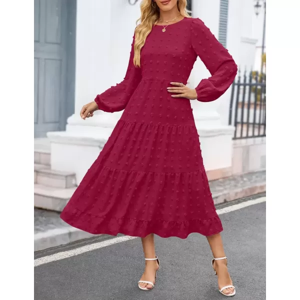 imageZESICA Womens Fall Long Sleeve Maxi Dresses 2024 Casual Crew Neck Swiss Dot Tiered Flowy A Line Wedding Guest DressWine Red