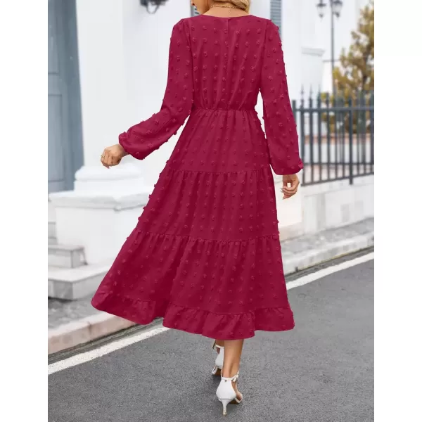 imageZESICA Womens Fall Long Sleeve Maxi Dresses 2024 Casual Crew Neck Swiss Dot Tiered Flowy A Line Wedding Guest DressWine Red