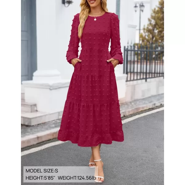 imageZESICA Womens Fall Long Sleeve Maxi Dresses 2024 Casual Crew Neck Swiss Dot Tiered Flowy A Line Wedding Guest DressWine Red