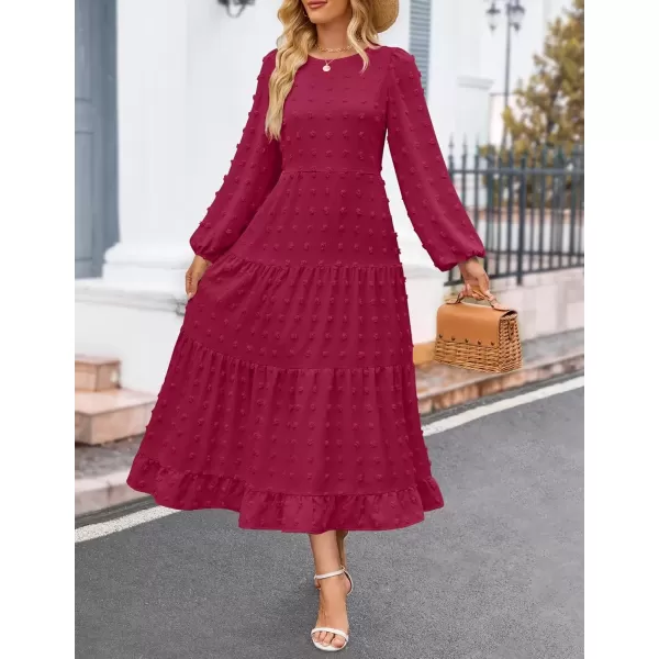 imageZESICA Womens Fall Long Sleeve Maxi Dresses 2024 Casual Crew Neck Swiss Dot Tiered Flowy A Line Wedding Guest DressWine Red