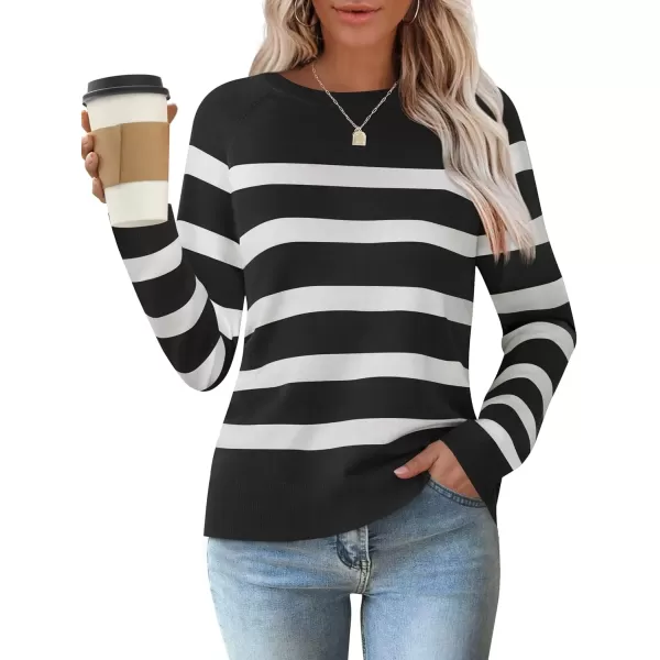 imageZESICA Womens Long Sleeve Lightweight Striped Tops 2024 Fall Crewneck Ribbed Knit ShirtsBlack