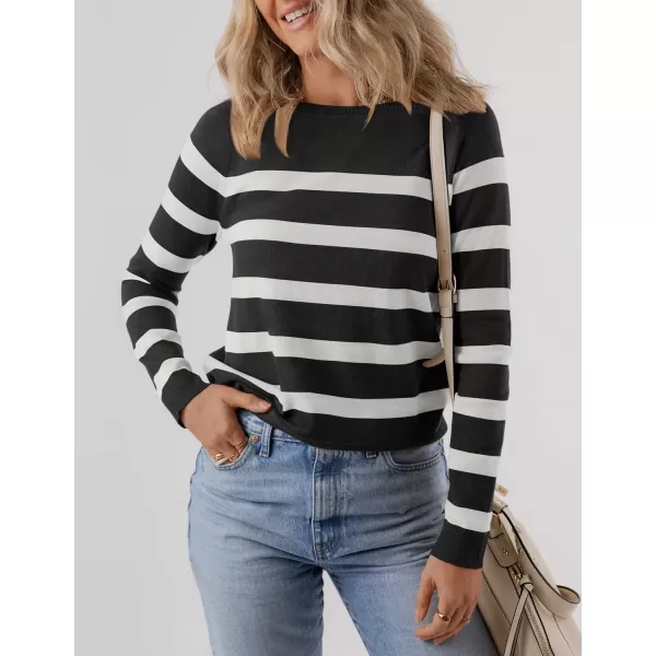 imageZESICA Womens Long Sleeve Lightweight Striped Tops 2024 Fall Crewneck Ribbed Knit ShirtsBlack