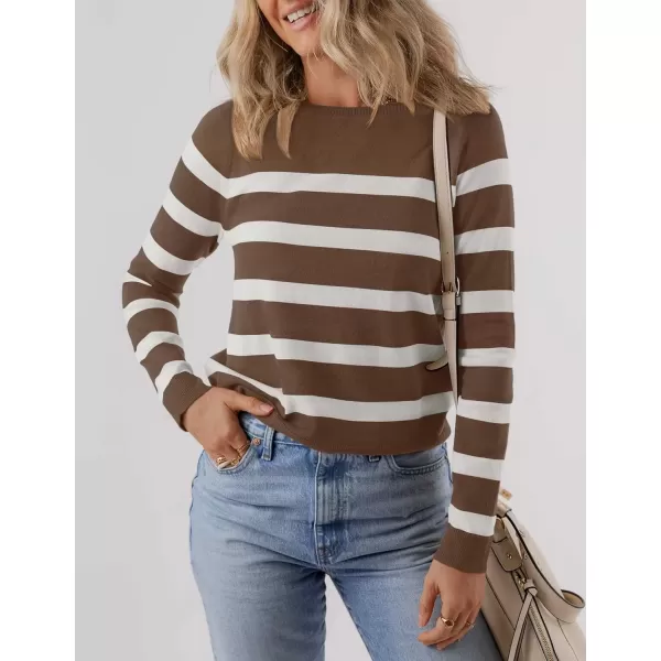 imageZESICA Womens Long Sleeve Lightweight Striped Tops 2024 Fall Crewneck Ribbed Knit ShirtsBrown