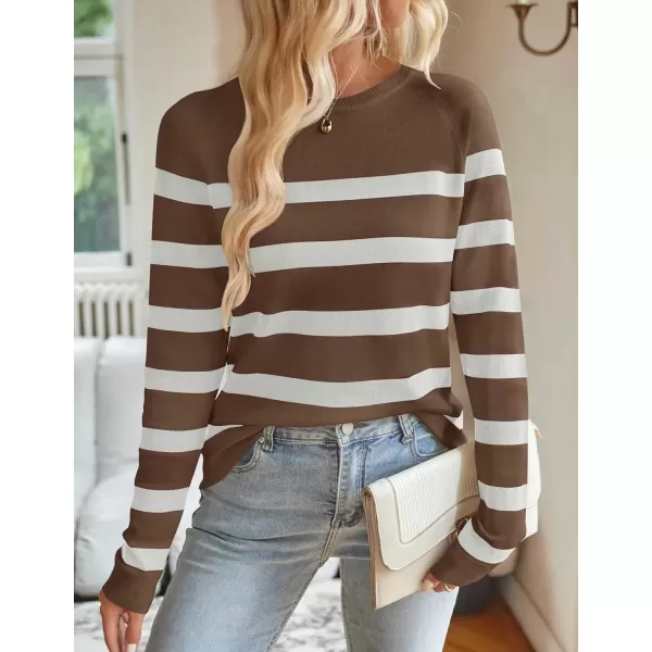 imageZESICA Womens Long Sleeve Lightweight Striped Tops 2024 Fall Crewneck Ribbed Knit ShirtsBrown