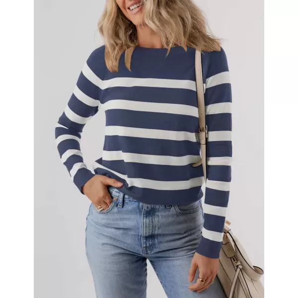 imageZESICA Womens Long Sleeve Lightweight Striped Tops 2024 Fall Crewneck Ribbed Knit ShirtsDarkblue