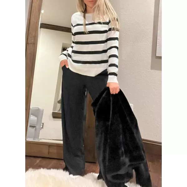 imageZESICA Womens Long Sleeve Lightweight Striped Tops 2024 Fall Crewneck Ribbed Knit ShirtsWhite