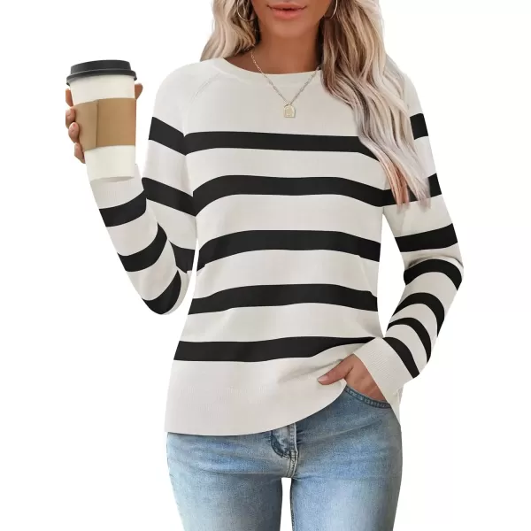 imageZESICA Womens Long Sleeve Lightweight Striped Tops 2024 Fall Crewneck Ribbed Knit ShirtsWhite