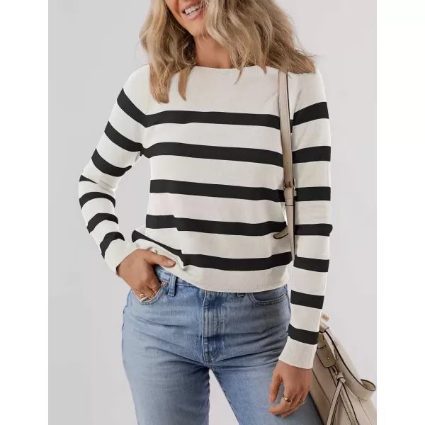 imageZESICA Womens Long Sleeve Lightweight Striped Tops 2024 Fall Crewneck Ribbed Knit ShirtsWhite