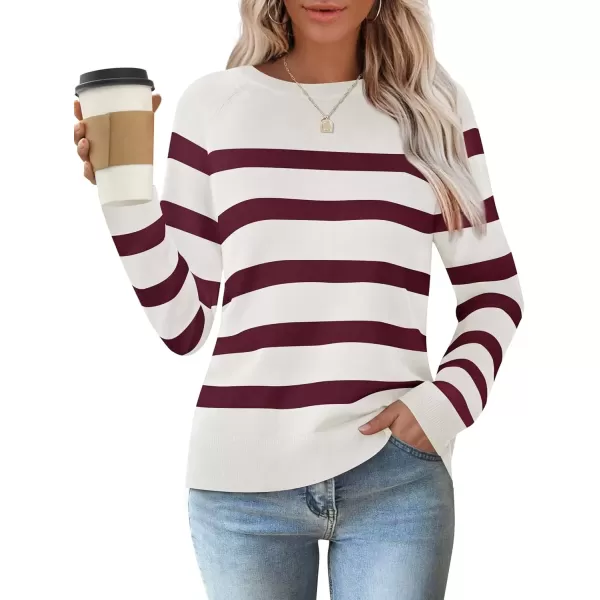 imageZESICA Womens Long Sleeve Lightweight Striped Tops 2024 Fall Crewneck Ribbed Knit ShirtsWine