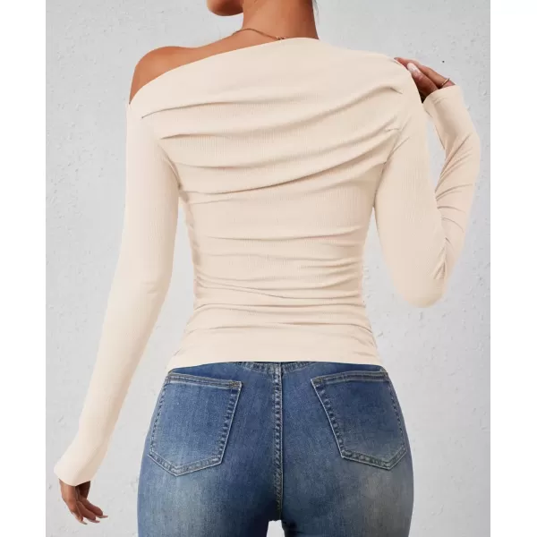 imageZESICA Womens Off The Shoulder Long Sleeve Tops 2024 Casual Ruched Slim Fitted Solid Color Basic Tee Shirts Fall OutfitsApricot