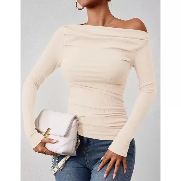 imageZESICA Womens Off The Shoulder Long Sleeve Tops 2024 Casual Ruched Slim Fitted Solid Color Basic Tee Shirts Fall OutfitsApricot