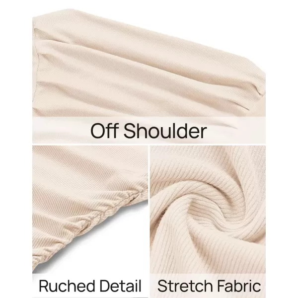imageZESICA Womens Off The Shoulder Long Sleeve Tops 2024 Casual Ruched Slim Fitted Solid Color Basic Tee Shirts Fall OutfitsApricot
