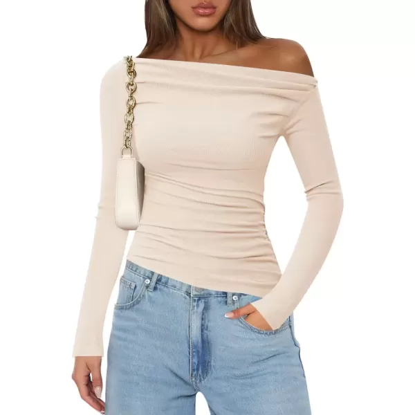 imageZESICA Womens Off The Shoulder Long Sleeve Tops 2024 Casual Ruched Slim Fitted Solid Color Basic Tee Shirts Fall OutfitsApricot