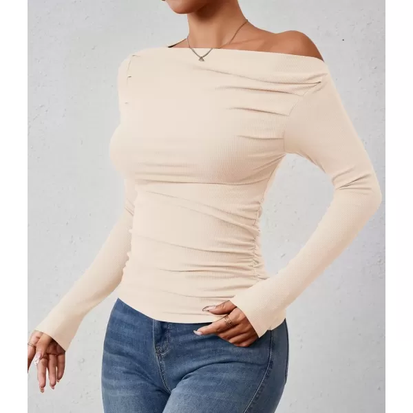 imageZESICA Womens Off The Shoulder Long Sleeve Tops 2024 Casual Ruched Slim Fitted Solid Color Basic Tee Shirts Fall OutfitsApricot