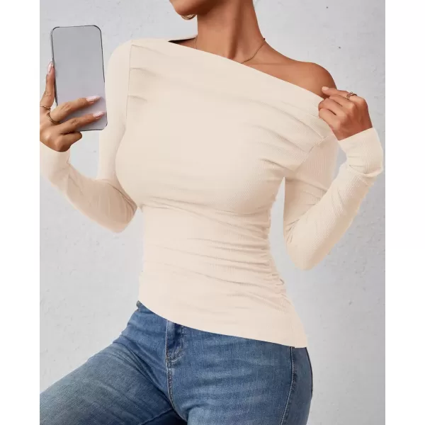 imageZESICA Womens Off The Shoulder Long Sleeve Tops 2024 Casual Ruched Slim Fitted Solid Color Basic Tee Shirts Fall OutfitsApricot