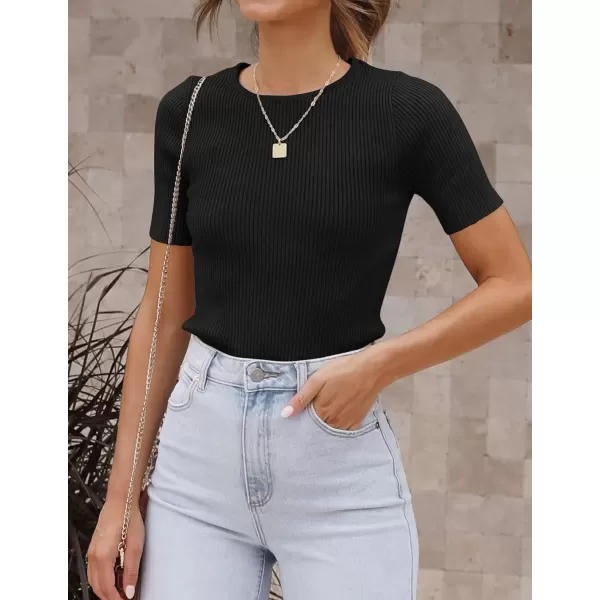 imageZESICA Womens Short Sleeve Crewneck T Shirt 2024 Summer Ribbed Knit Slim Fit Basic Solid Color Tee TopsBlackXLarge