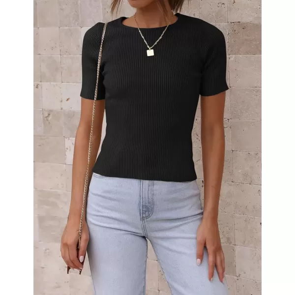 imageZESICA Womens Short Sleeve Crewneck T Shirt 2024 Summer Ribbed Knit Slim Fit Basic Solid Color Tee TopsBlackXLarge