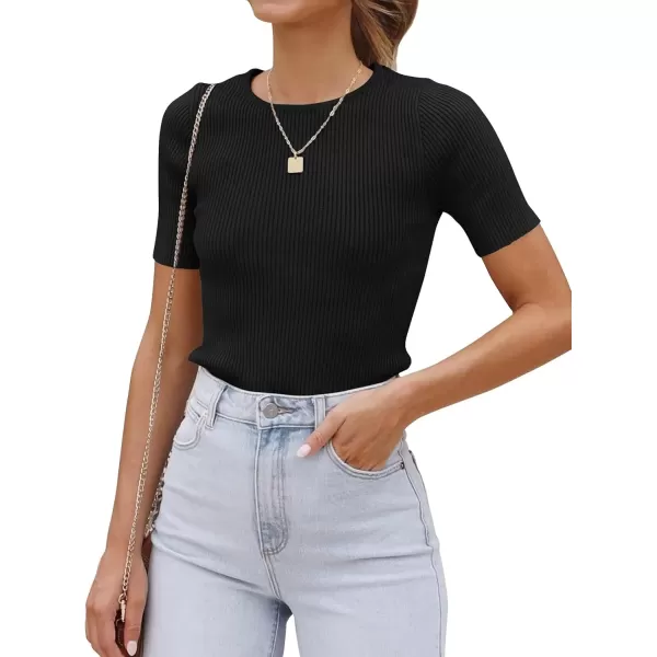 imageZESICA Womens Short Sleeve Crewneck T Shirt 2024 Summer Ribbed Knit Slim Fit Basic Solid Color Tee TopsBlackXLarge