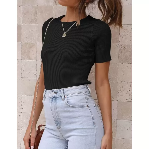 imageZESICA Womens Short Sleeve Crewneck T Shirt 2024 Summer Ribbed Knit Slim Fit Basic Solid Color Tee TopsBlackXLarge