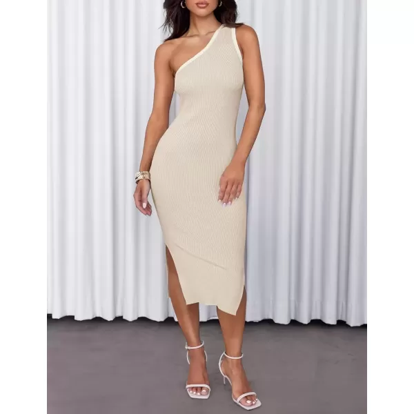 imageZESICA Womens Summer One Shoulder Bodycon Midi Dresses 2024 Casual Sleeveless Ribbed Knit Side Slit Sweater DressAlmond