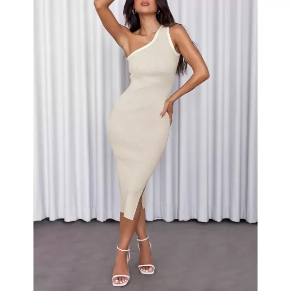 imageZESICA Womens Summer One Shoulder Bodycon Midi Dresses 2024 Casual Sleeveless Ribbed Knit Side Slit Sweater DressAlmond