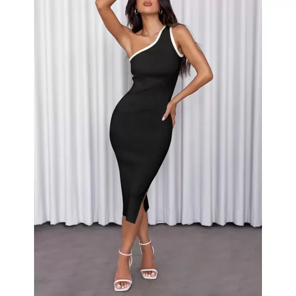 imageZESICA Womens Summer One Shoulder Bodycon Midi Dresses 2024 Casual Sleeveless Ribbed Knit Side Slit Sweater DressBlack