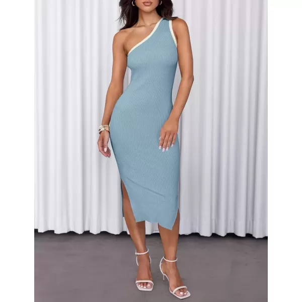 imageZESICA Womens Summer One Shoulder Bodycon Midi Dresses 2024 Casual Sleeveless Ribbed Knit Side Slit Sweater DressBlue