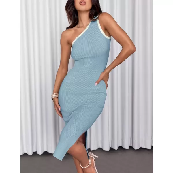 imageZESICA Womens Summer One Shoulder Bodycon Midi Dresses 2024 Casual Sleeveless Ribbed Knit Side Slit Sweater DressBlue