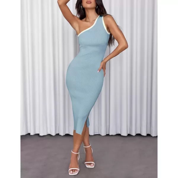 imageZESICA Womens Summer One Shoulder Bodycon Midi Dresses 2024 Casual Sleeveless Ribbed Knit Side Slit Sweater DressBlue