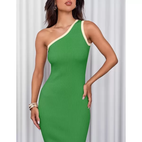 imageZESICA Womens Summer One Shoulder Bodycon Midi Dresses 2024 Casual Sleeveless Ribbed Knit Side Slit Sweater DressGreen