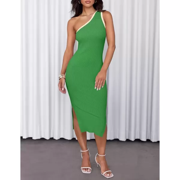 imageZESICA Womens Summer One Shoulder Bodycon Midi Dresses 2024 Casual Sleeveless Ribbed Knit Side Slit Sweater DressGreen