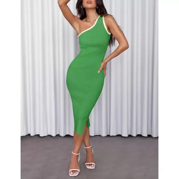 imageZESICA Womens Summer One Shoulder Bodycon Midi Dresses 2024 Casual Sleeveless Ribbed Knit Side Slit Sweater DressGreen