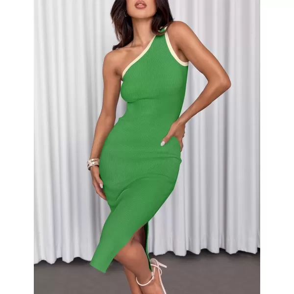 imageZESICA Womens Summer One Shoulder Bodycon Midi Dresses 2024 Casual Sleeveless Ribbed Knit Side Slit Sweater DressGreen
