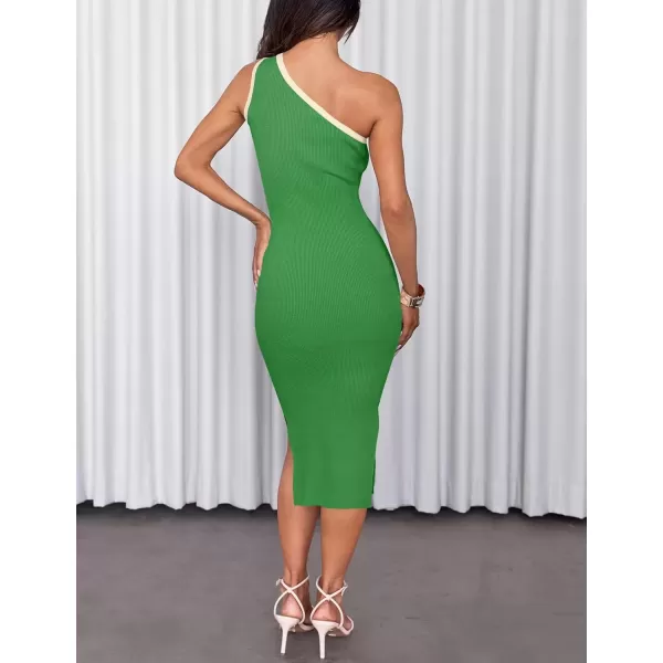 imageZESICA Womens Summer One Shoulder Bodycon Midi Dresses 2024 Casual Sleeveless Ribbed Knit Side Slit Sweater DressGreen