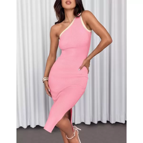 imageZESICA Womens Summer One Shoulder Bodycon Midi Dresses 2024 Casual Sleeveless Ribbed Knit Side Slit Sweater DressPink