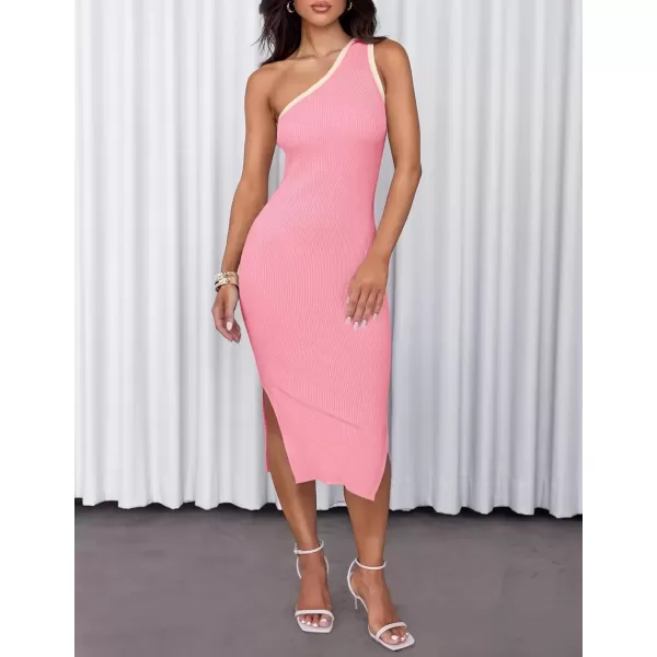 imageZESICA Womens Summer One Shoulder Bodycon Midi Dresses 2024 Casual Sleeveless Ribbed Knit Side Slit Sweater DressPink