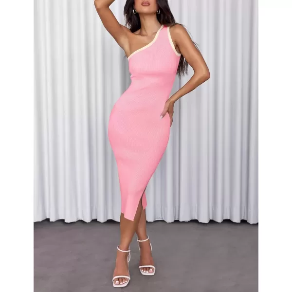 imageZESICA Womens Summer One Shoulder Bodycon Midi Dresses 2024 Casual Sleeveless Ribbed Knit Side Slit Sweater DressPink