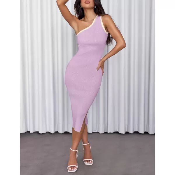 imageZESICA Womens Summer One Shoulder Bodycon Midi Dresses 2024 Casual Sleeveless Ribbed Knit Side Slit Sweater DressPurpletaro
