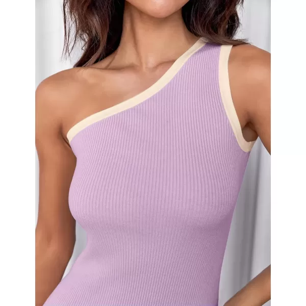 imageZESICA Womens Summer One Shoulder Bodycon Midi Dresses 2024 Casual Sleeveless Ribbed Knit Side Slit Sweater DressPurpletaro