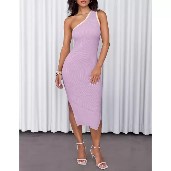 imageZESICA Womens Summer One Shoulder Bodycon Midi Dresses 2024 Casual Sleeveless Ribbed Knit Side Slit Sweater DressPurpletaro