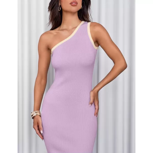 imageZESICA Womens Summer One Shoulder Bodycon Midi Dresses 2024 Casual Sleeveless Ribbed Knit Side Slit Sweater DressPurpletaro