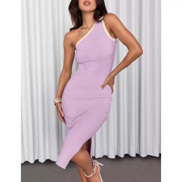imageZESICA Womens Summer One Shoulder Bodycon Midi Dresses 2024 Casual Sleeveless Ribbed Knit Side Slit Sweater DressPurpletaro