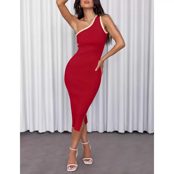 imageZESICA Womens Summer One Shoulder Bodycon Midi Dresses 2024 Casual Sleeveless Ribbed Knit Side Slit Sweater DressRed
