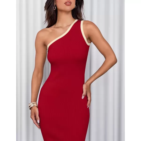imageZESICA Womens Summer One Shoulder Bodycon Midi Dresses 2024 Casual Sleeveless Ribbed Knit Side Slit Sweater DressRed