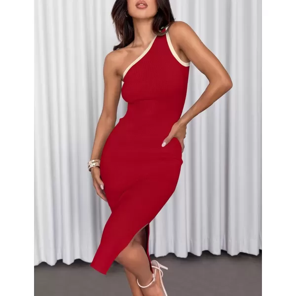 imageZESICA Womens Summer One Shoulder Bodycon Midi Dresses 2024 Casual Sleeveless Ribbed Knit Side Slit Sweater DressRed