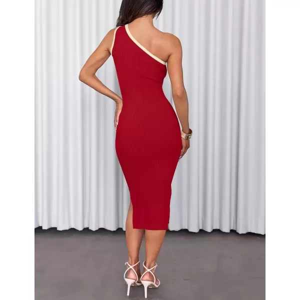 imageZESICA Womens Summer One Shoulder Bodycon Midi Dresses 2024 Casual Sleeveless Ribbed Knit Side Slit Sweater DressRed