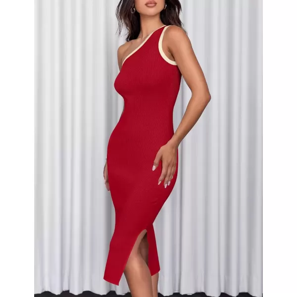 imageZESICA Womens Summer One Shoulder Bodycon Midi Dresses 2024 Casual Sleeveless Ribbed Knit Side Slit Sweater DressRed