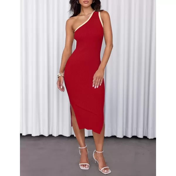 imageZESICA Womens Summer One Shoulder Bodycon Midi Dresses 2024 Casual Sleeveless Ribbed Knit Side Slit Sweater DressRed