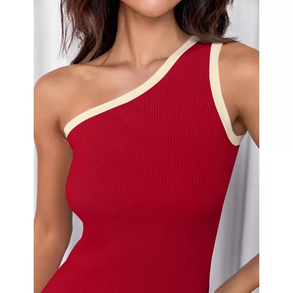 imageZESICA Womens Summer One Shoulder Bodycon Midi Dresses 2024 Casual Sleeveless Ribbed Knit Side Slit Sweater DressRed
